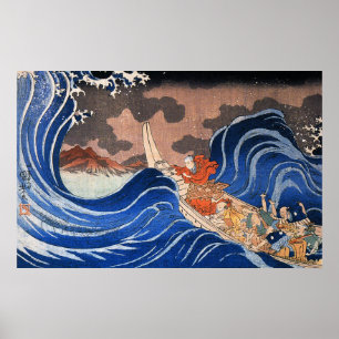 Nichiren lugnar en storm i Kakuda, Kuniyoshi Poster