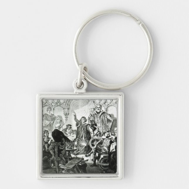 Nicolaus Copernicus som förklarar hans teori Fyrkantig Silverfärgad Nyckelring (Framsidan)
