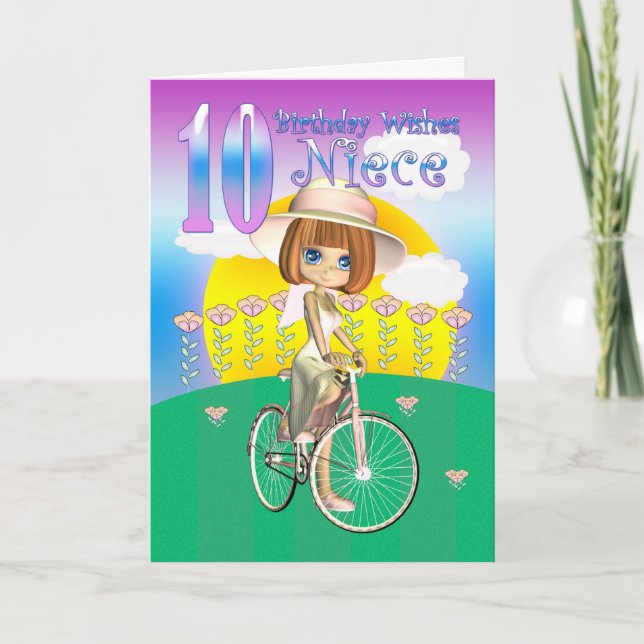 Niece 10 Birthday Card med liten flicka på cykel Kort (Framsida)