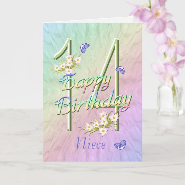 Niece 14 Birthday Butterflies and Flowers Card Kort (Orkide)