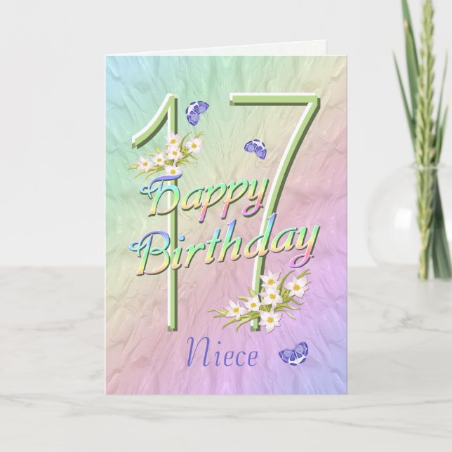 Niece 17 Birthday Butterflies and Flowers Card Kort (Framsida)
