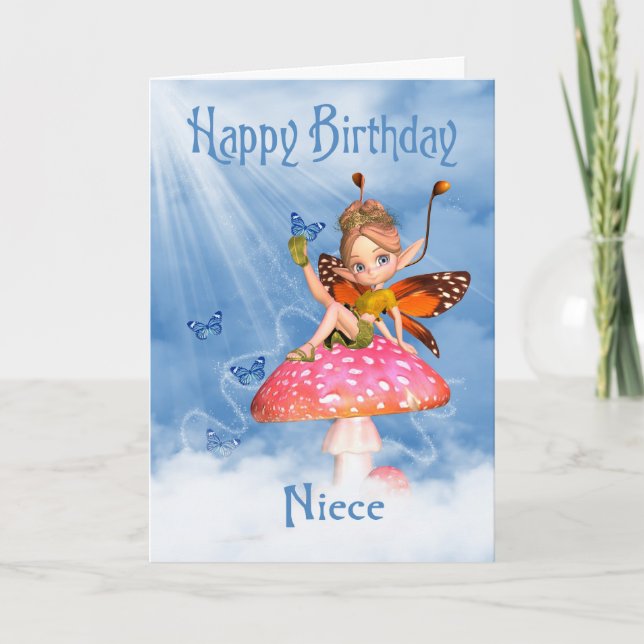 Niece Birthday Card - Cute Fairy on a Mushroom Kort (Framsida)