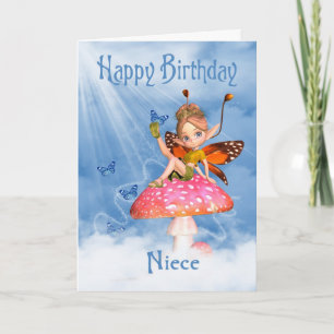 Niece Birthday Card - Cute Fairy on a Mushroom Kort