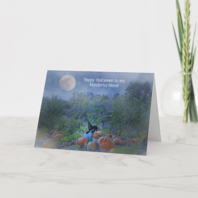 Niece Cute Witch Cat Pumpkins Halloween Card Kort (Framsida)