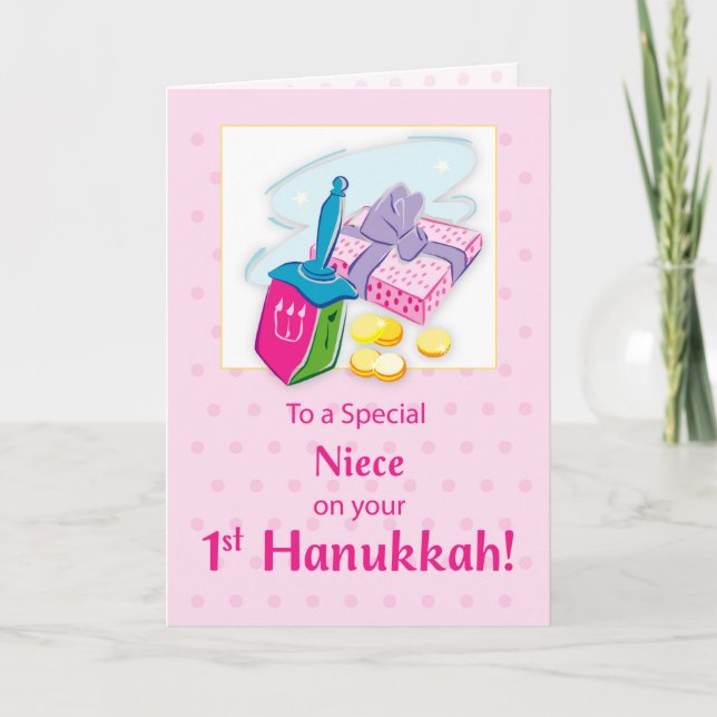 Niece First Hanukkah Blue with Dreidel and Gifts Kort (Framsida)