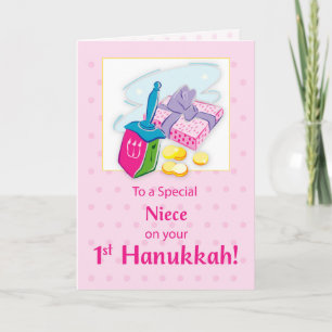Niece First Hanukkah Blue with Dreidel and Gifts Kort