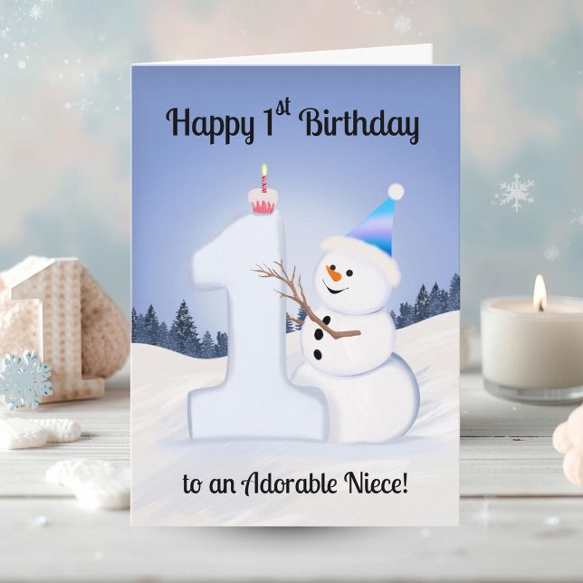 Niece Glad 1:a födelsedagen Snöman Byggnad Kort (Skapare uppladdad)