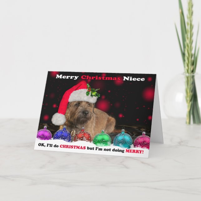 Niece Grumpy Gräns Terrier Hund in Santa Hat Humor Helgkort (Framsida)