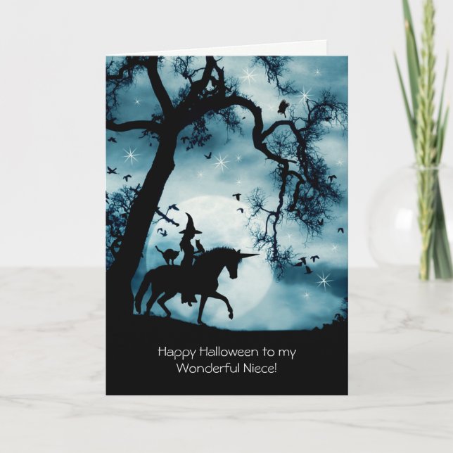Niece Happy halloween Cute Witch och Unicorn Kort (Framsida)