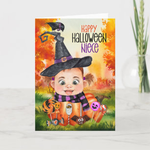 Niece Little Witch och Raven Halloween Pumpkin Helgkort