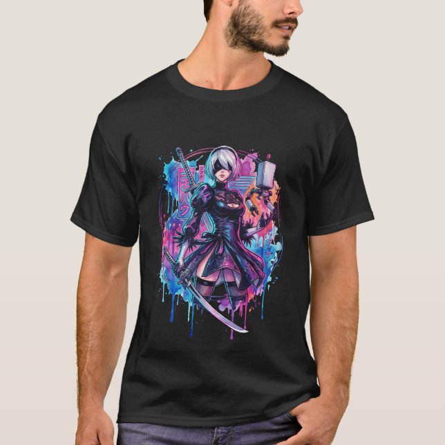 NieR Automata 2B Kjol slitsad strid T Shirt (Framsida)