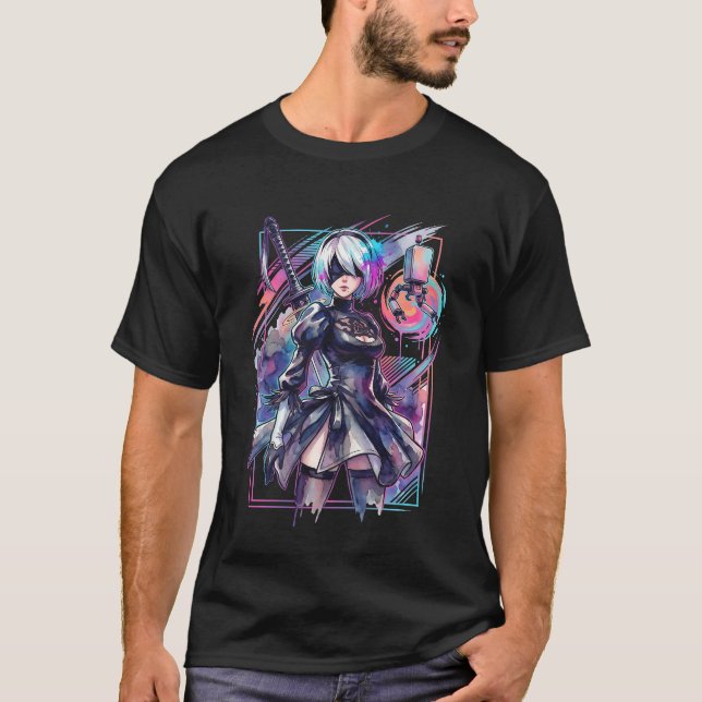 NieR Automata 2B Vaporwave Estetik Neon Synthwav T Shirt (Framsida)