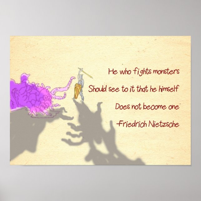 Nietzsche Quote Tecknad som kämpar mot monster Poster (Framsidan)