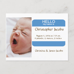 Nifty Nametag Födelseannons För Pojkar Meddelande Vykort