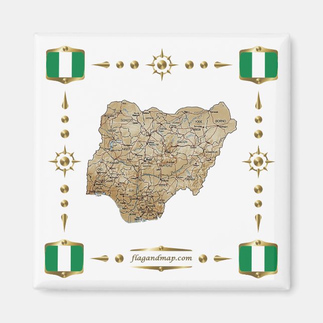 Nigeria Karta + Flaggor Magnet (Framsidan)