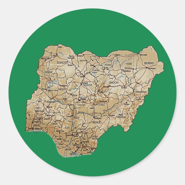 Nigeria Kartpåtryck Runt Klistermärke (Framsida)