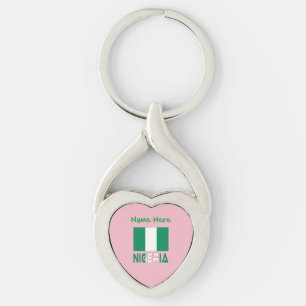 Nigeria och Nigerias flagga Grön personalisering Twisted Heart Silverfärgad Nyckelring