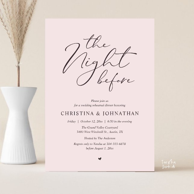 "Night Before" Blush Whisper Rehearsal Middag Inbjudningar (“The Night Before” Elegant Script Romantic Rehearsal Dinner Invitation Card Blush Whisper)