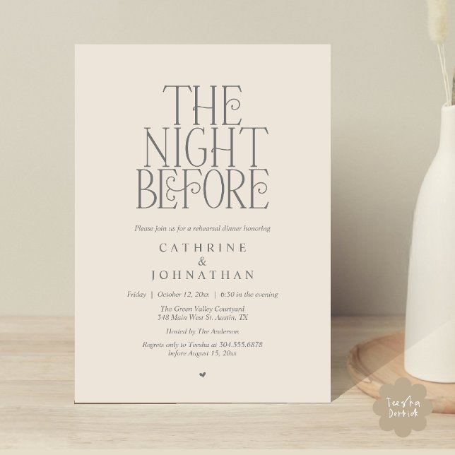 "Night Before" Övningsmiddag Grå Kräm Inbjudningar (Minimalist "The Night Before" Rehearsal Dinner Invitation Card in Cream Grey)