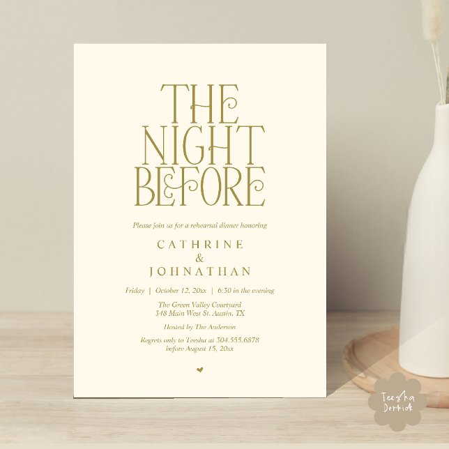 "Night Before" Rehearsal Dinner Gult Guld Inbjudningar (Minimalist "The Night Before" Rehearsal Dinner Invitation Card in Yellow Gold)