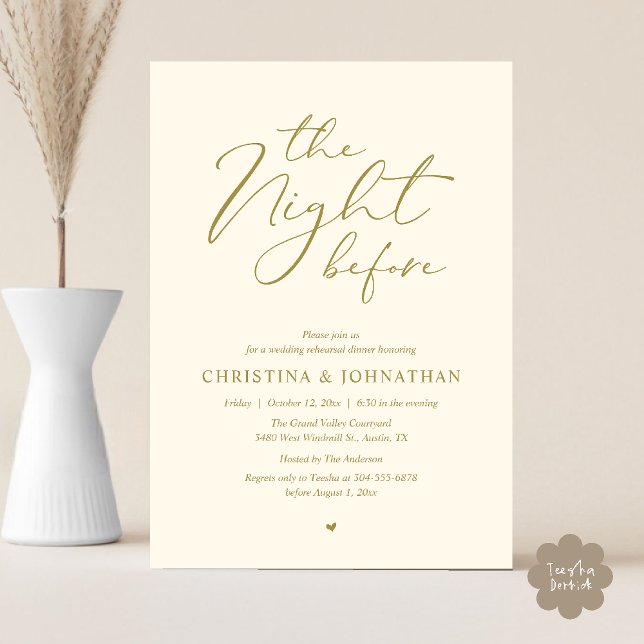 "Night Before" Rehearsal Dinner i gult guld Inbjudningar (“The Night Before” Elegant Script Romantic Rehearsal Dinner Invitation Card Yellow Gold Cream)