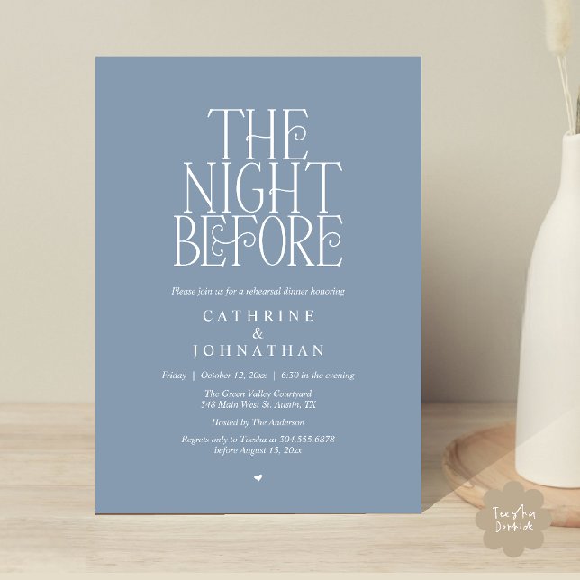 "Night Before" Rehearsal Middag Dustig Blå Inbjudningar (Minimalist "The Night Before" Rehearsal Dinner Invitation Card in Dusty Blue)
