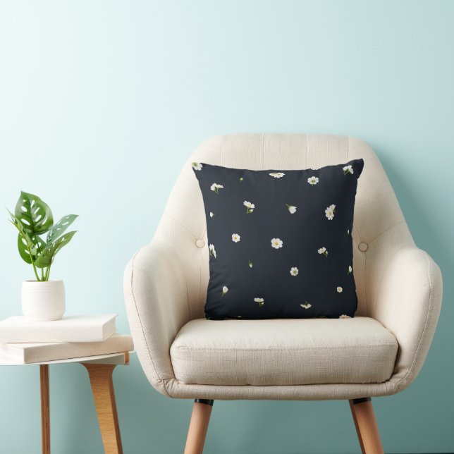 Night Charcoal White Cosmos Floral Pattern Kudde (Stol)