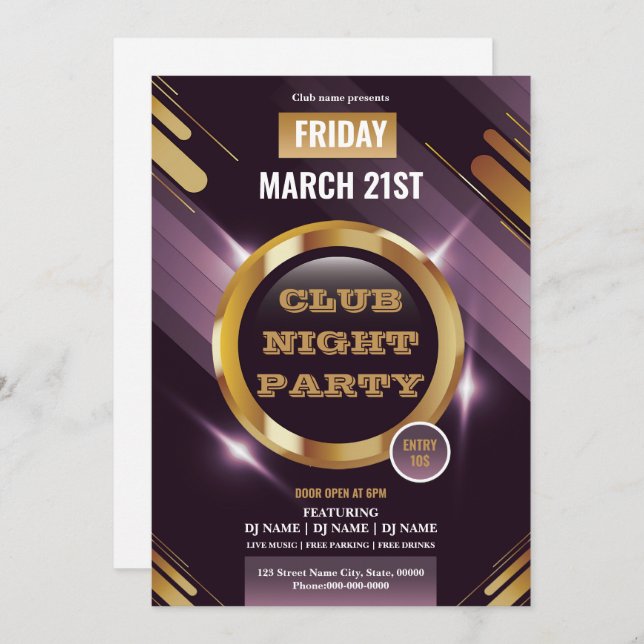 Night Club Party Invitation Template  (Fram/baksida)