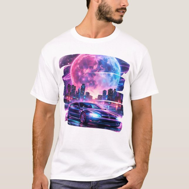 Night Drive - Retro Futuristic Synthwave Car & Moo T Shirt (Framsida)