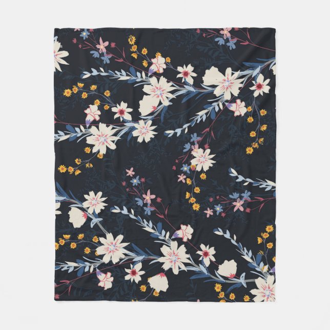 Night Garden Blommigt Navy Mönster Fleecefilt (Framsidan)