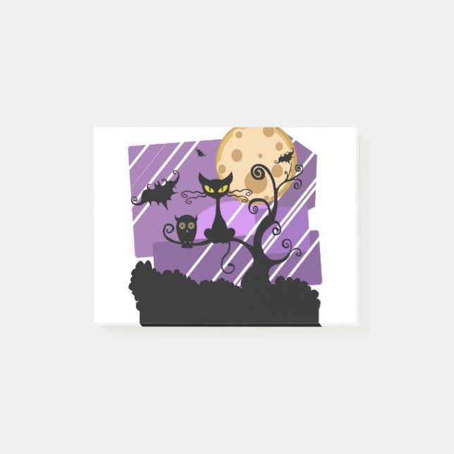 Night Halloween Moon Cat Tree Outside Owl Bat Post-it Block (Framsida)