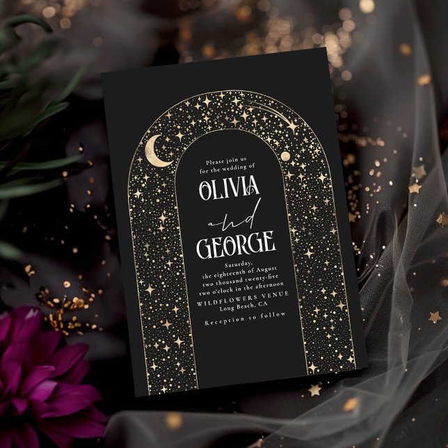 Night Himlar Stars Celestial Romantic Black Bröllo Inbjudningar (Celestial Night Sky Arch Black Wedding Invitations)