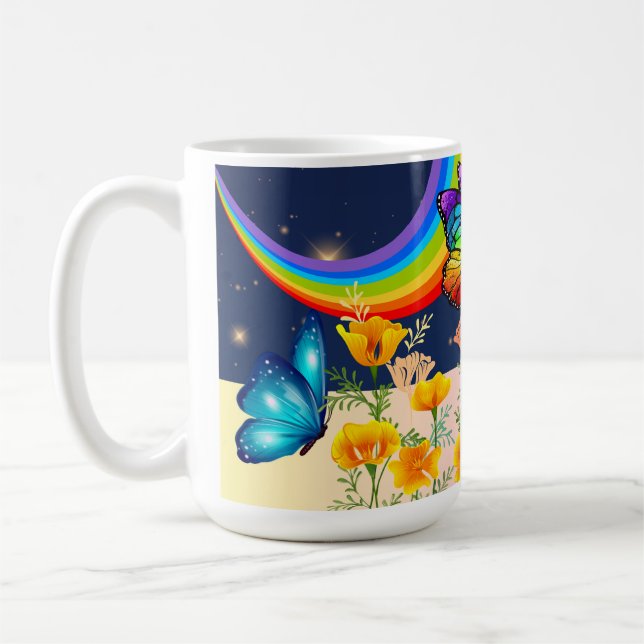Night Himmel, Rainbow, Butterflies och Flowers Kaffemugg (Vänster)