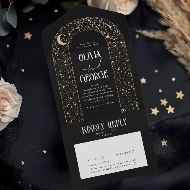 Night Himmel Stars Celestial Arch Black Bröllop (All in One Black Celestial Arch Wedding Invitations and RSVPs)