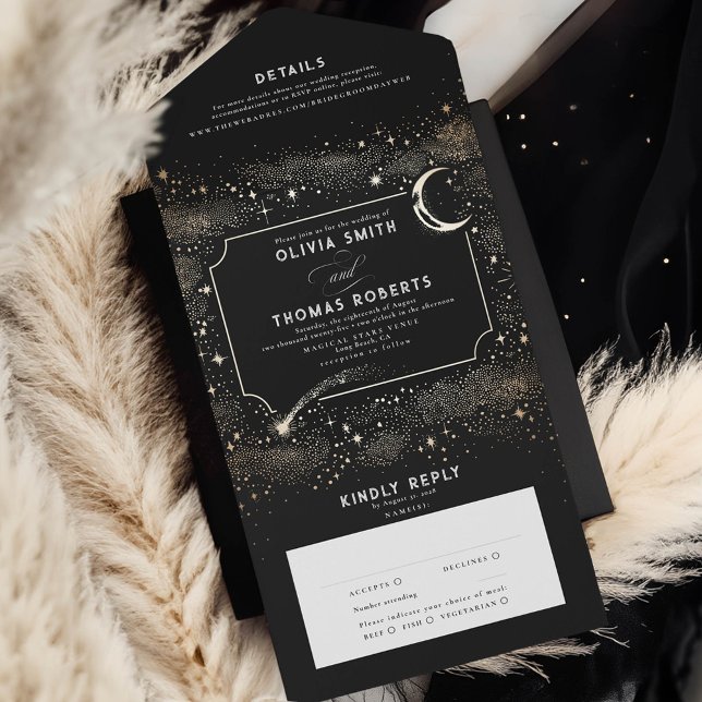 Night Himmel Stars Celestial Mystical Black Bröllo (Celestial Black Starry Night All In One Wedding Invitation)