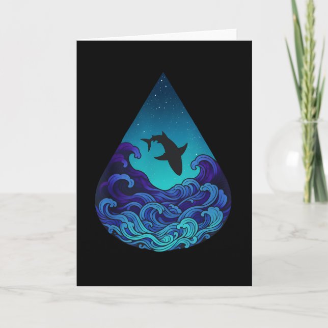 Night Ocean Shark Silhouette Teardrop Starry Sea Kort (Framsida)