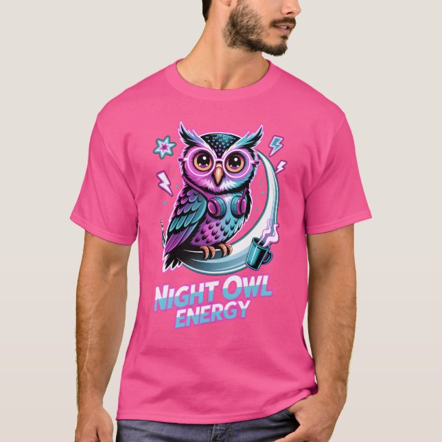 Night Owl Energy – Neon Uil Design T Shirt (Framsida)