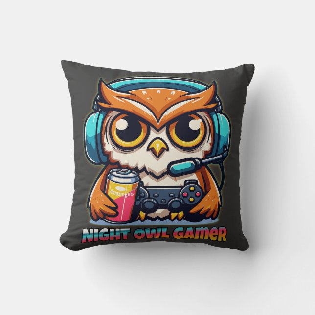 Night Owl Gamer Mascot Fun Gaming Illustration Kudde (Framsida)