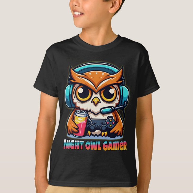 Night Owl Gamer Mascot Fun Gaming Illustration T Shirt (Framsida)