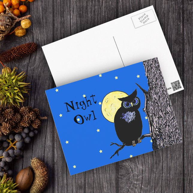 Night Owl in the Moon PostCard Vykort (Black owl in night sky with moon stars in tree on blue postcard.)