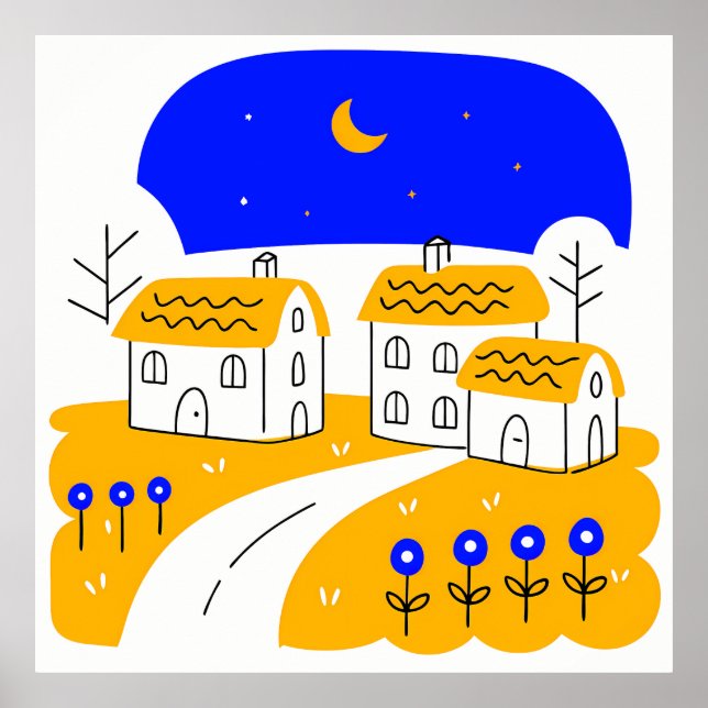 Night Scene of a Small Village Landscape Poster (Framsidan)