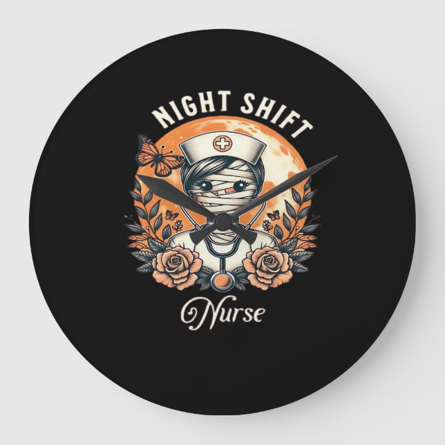 Night Shift Nurse Mummy Halloween Healthcare Flora Stor Klocka (Framsida)