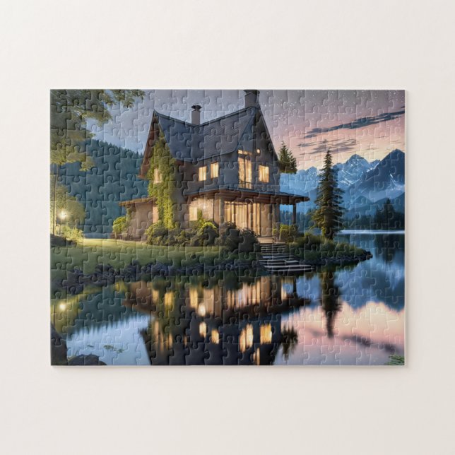 Night Sjö House Bold and BeSnygg Jigszle Puzzle Pussel (Horisontell)