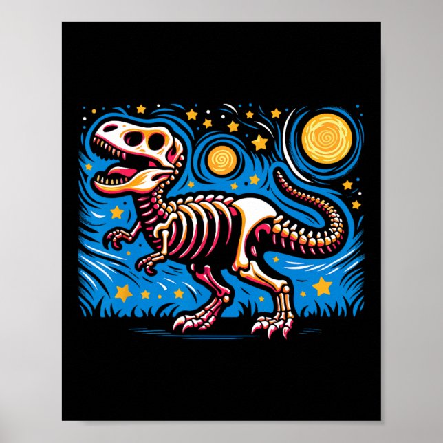 Night Skeleton Dinosaur T Rex Boys Kids Poster (Framsidan)