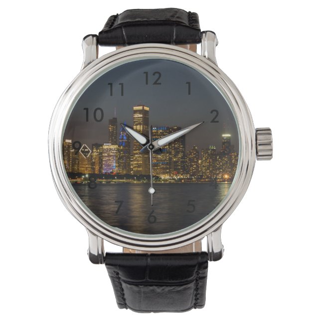 Night Skyline Chicago Pano Armbandsur (Framsida)