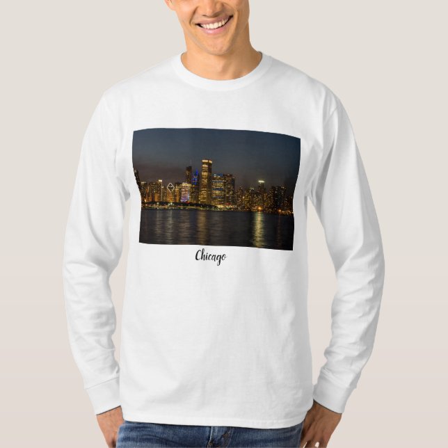 Night Skyline Chicago Pano T Shirt (Framsida)