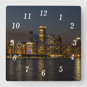 Night Skyline Chicago Pano Wall Clock Fyrkantig Klocka