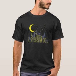 Night Skyline med halva Måne Byggande City T Shirt