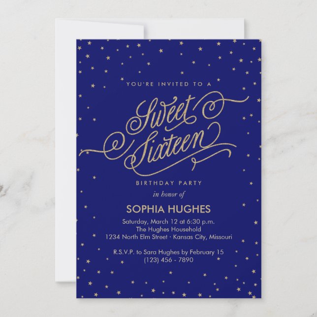 Night Stars Blue & Guld Sweet sixteen Party Inbjudningar (Framsida)