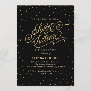 Night Stars Guld & Black Sweet sixteen Party Inbjudningar
